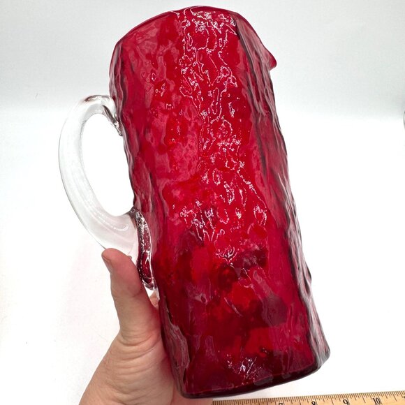Morgantown Ruby Red Crinkle Glass 9" Pinched Pitcher With Clear Handle EUC - Picture 9 of 14